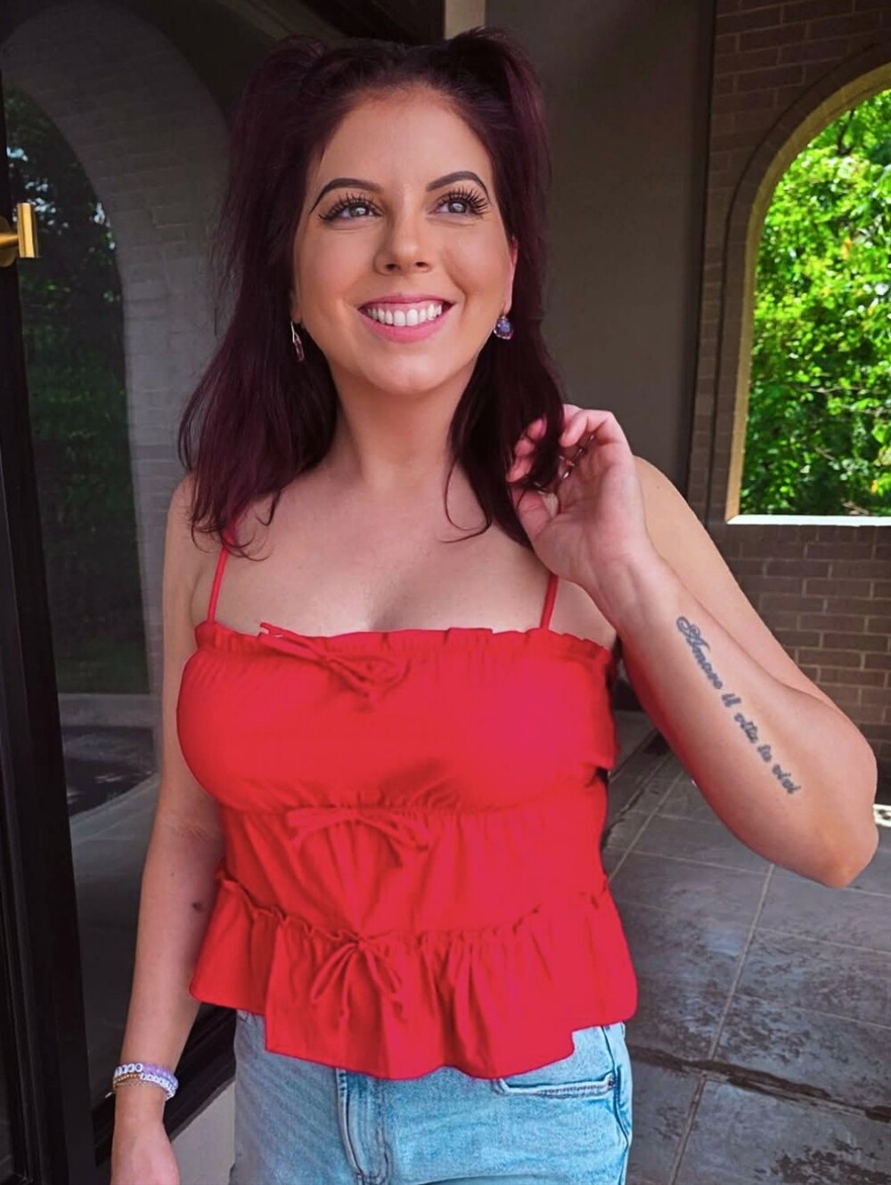 Red Bow Front Tiered Ruffle Top